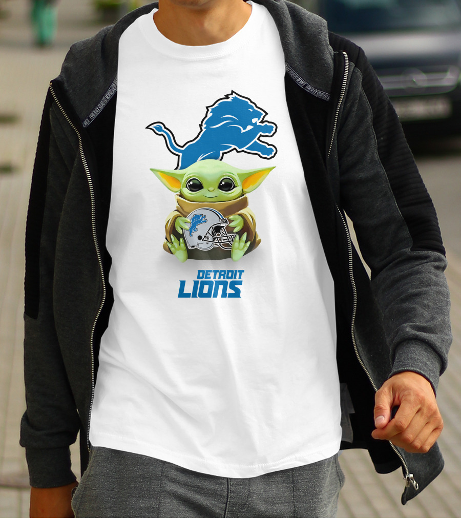 Baby Yoda Holding Detroit Lions Helmet With Team T-Shirt