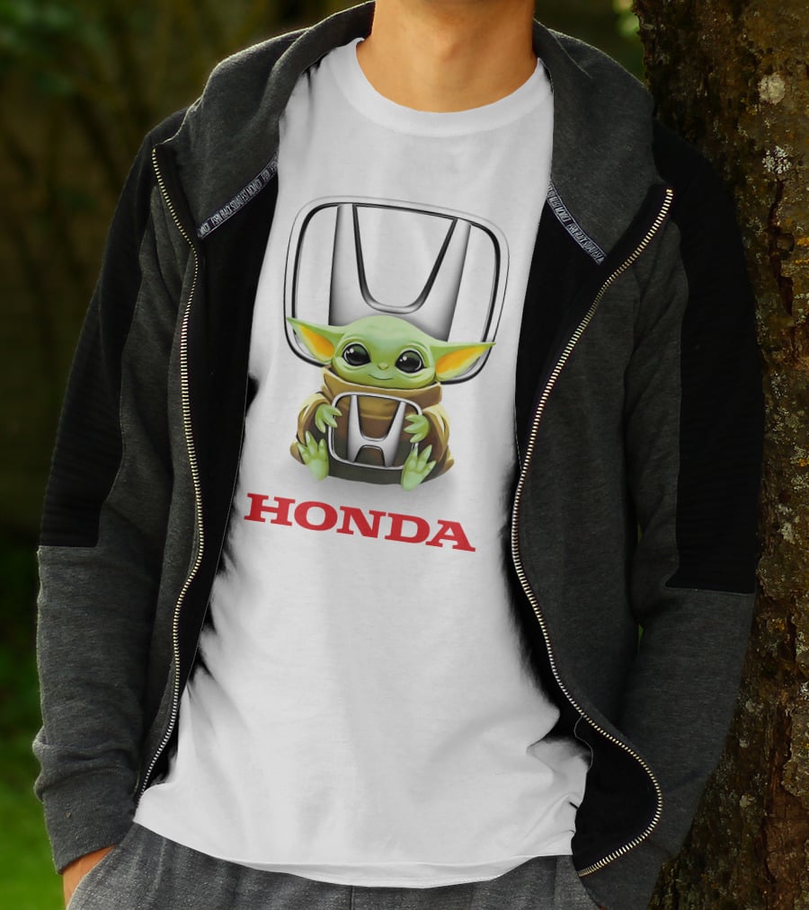 Baby Yoda Embrace With Honda Logo On White T-Shirt