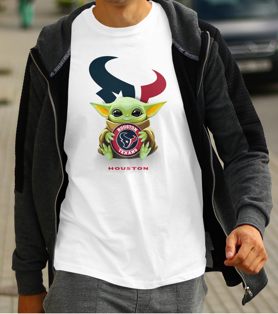 Baby Yoda Holding Houston Texans Logo With Team Emblem In T-Shirt