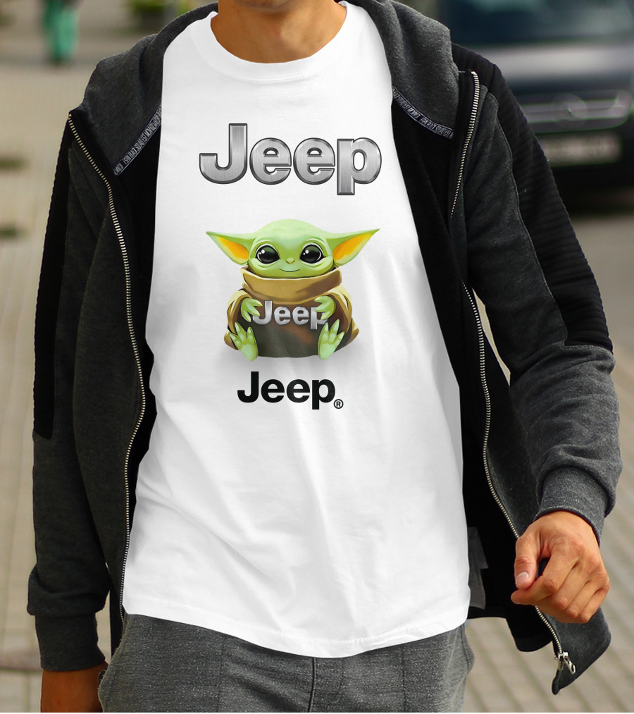 Baby Yoda Holding Jeep Logo With White T-Shirt