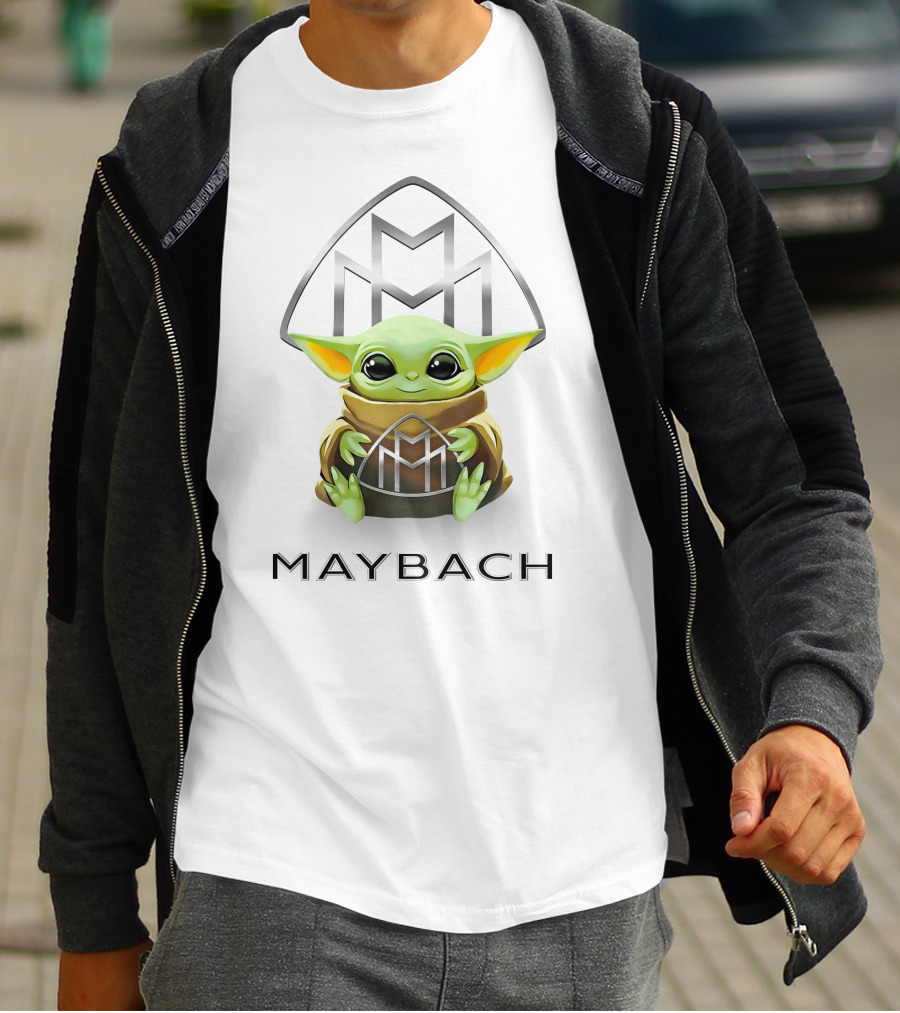Baby Yoda Holding Maybach Emblem In White T-Shirt