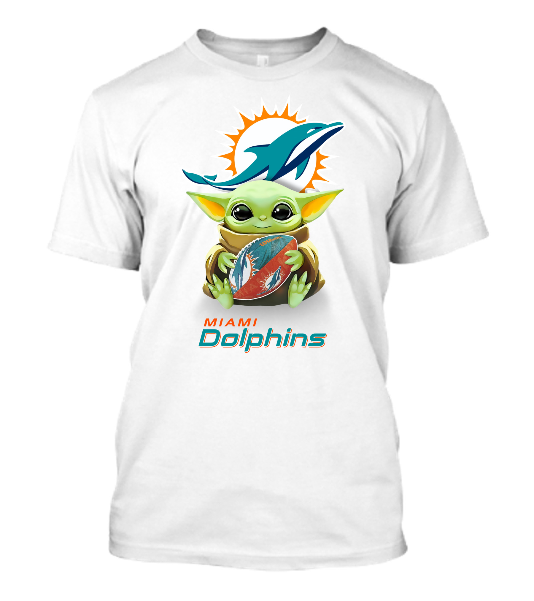 Baby Yoda With Miami Dolphins Logo And Football T-Shirt