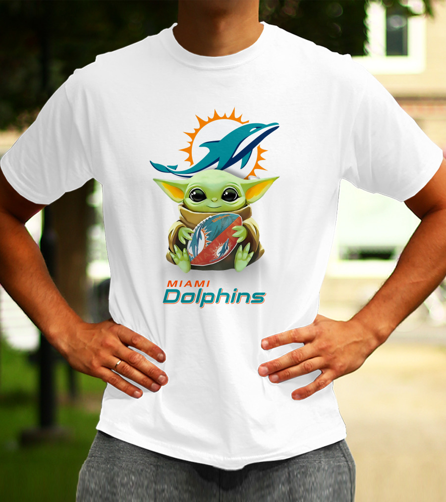 Baby Yoda With Miami Dolphins Logo And Football T-Shirt