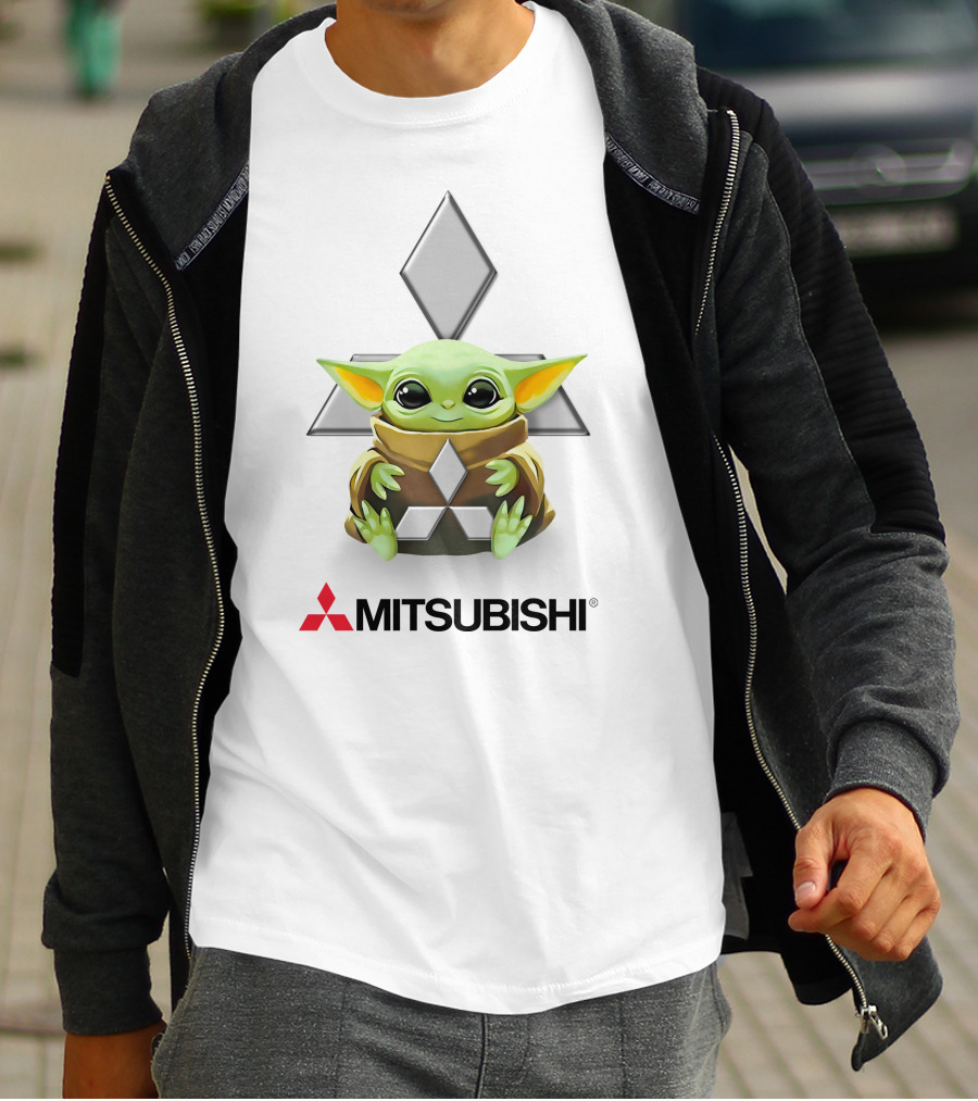 Baby Yoda Hug Mitsubishi Logo White T-Shirt