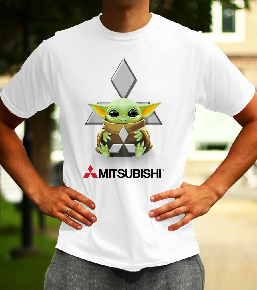 Baby Yoda Hug Mitsubishi Logo White T-Shirt