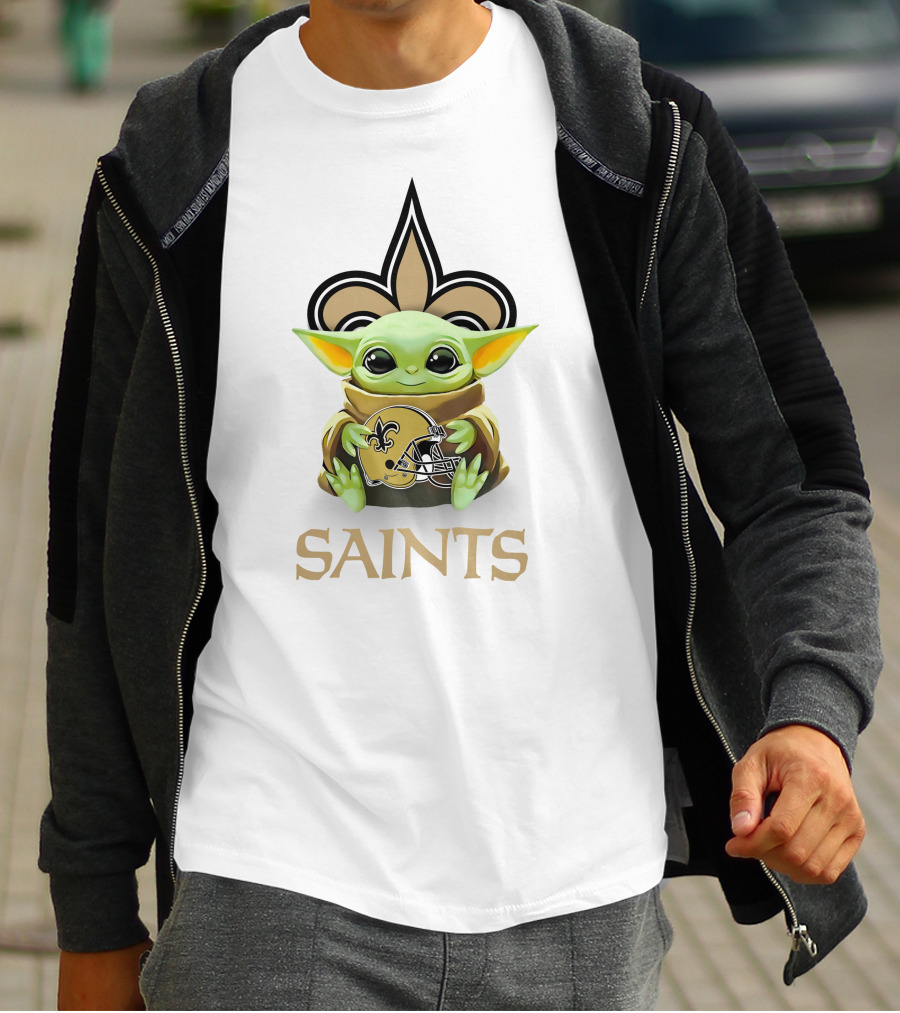 Baby Yoda Hugging New Orleans Saints Football Helmet Saints T-Shirt