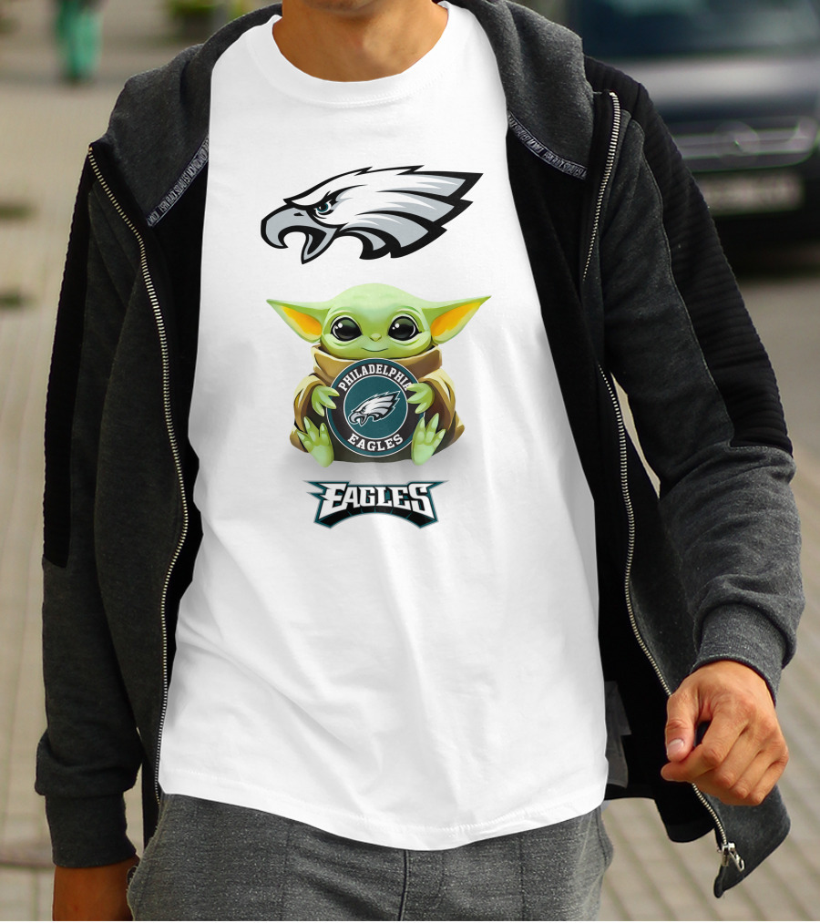 Baby Yoda Holding Philadelphia Eagles Logo Emblem With Eagles Mascot Artwork T-Shirt