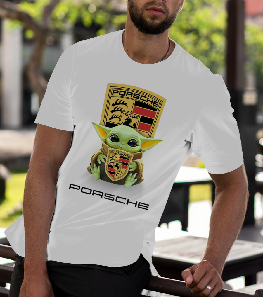 Baby Yoda Holding Stuttgart Porsche Crest T-Shirt