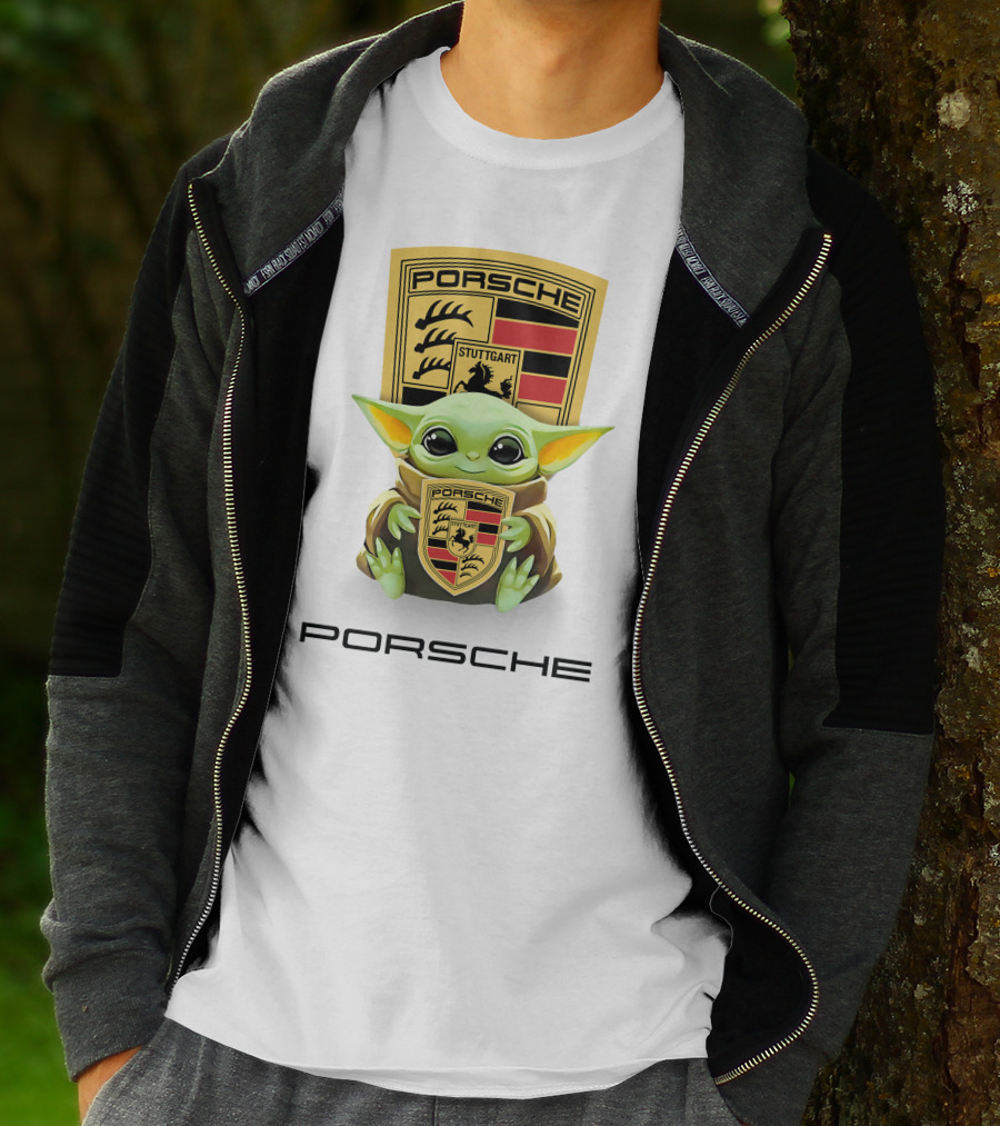 Baby Yoda Holding Stuttgart Porsche Crest T-Shirt