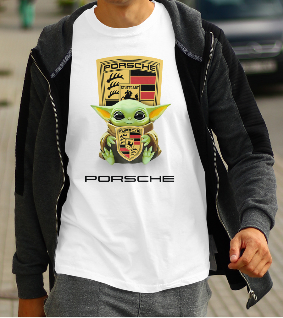 Baby Yoda Holding Stuttgart Porsche Crest T-Shirt