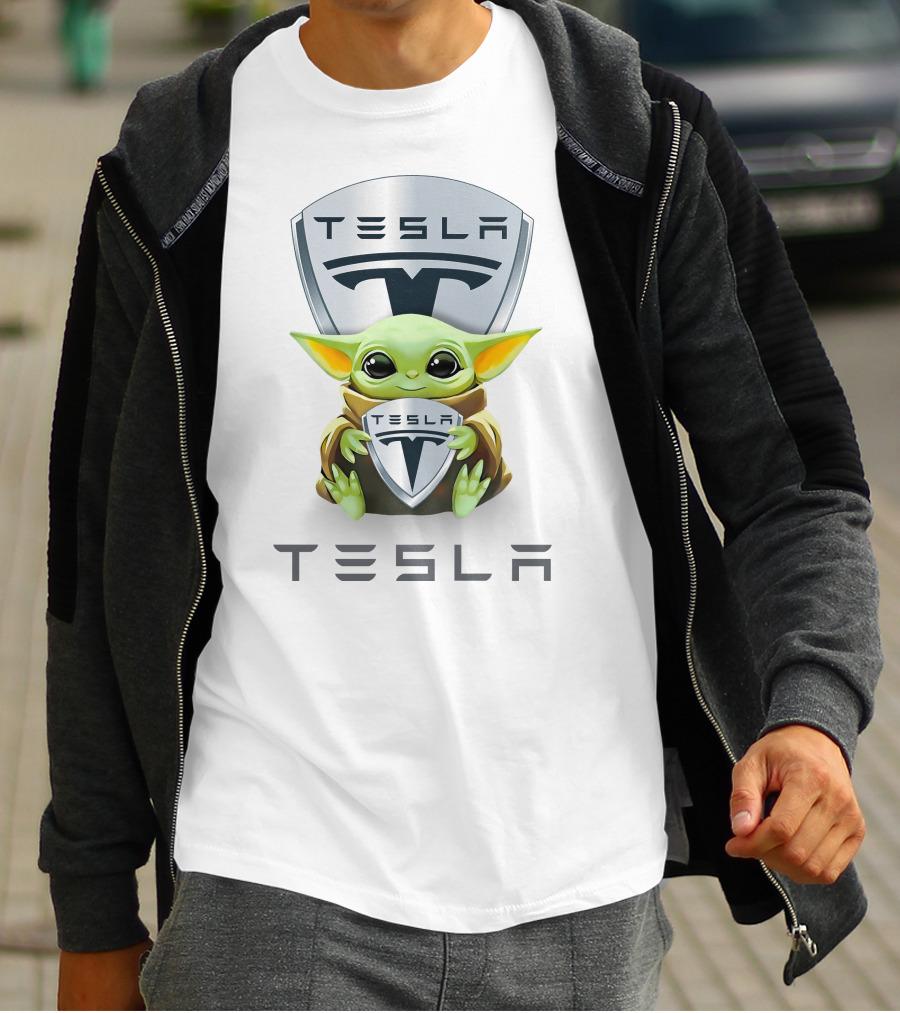 Baby Yoda Holding Tesla Shield With Tesla T-Shirt