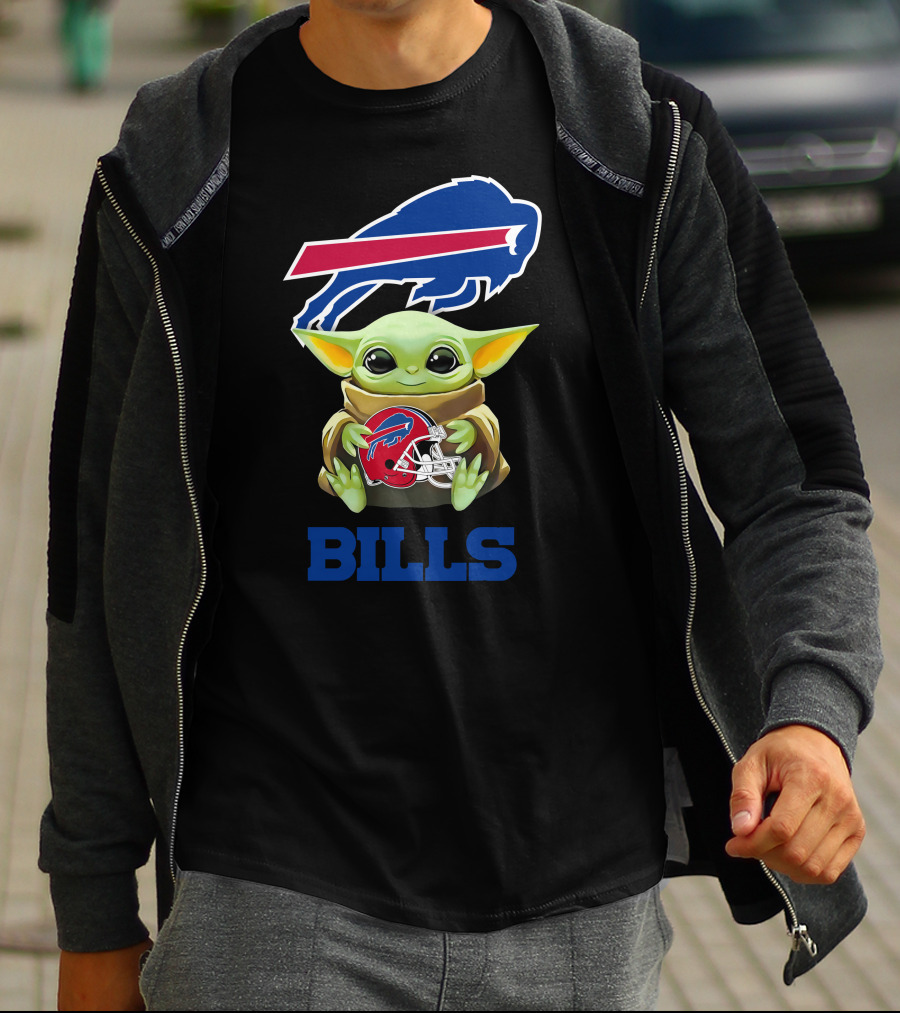 Star Wars Baby Yoda Holding Buffalo Bills Helmet Under Team T-Shirt