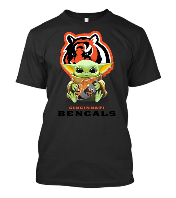 Star Wars Baby Yoda Hugging Cincinnati Bengals Logo Football T-Shirt