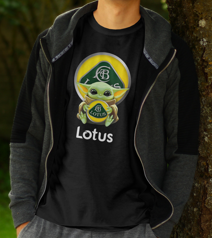 Star Wars Baby Yoda Hugging Lotus Car Logo On Black T-Shirt