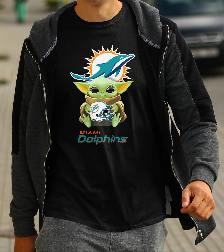 Baby Yoda Holding Miami Dolphins Helmet With Team T-Shirt