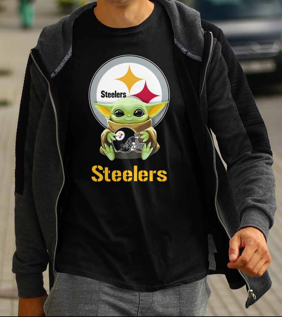 Star Wars Baby Yoda Hug Steelers Helmet With Pittsburgh Steelers T-Shirt