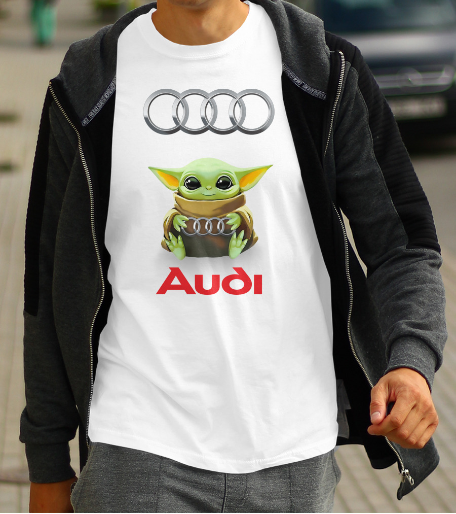 Baby Yoda Holding Audi Silver Rings With Audi T-Shirt