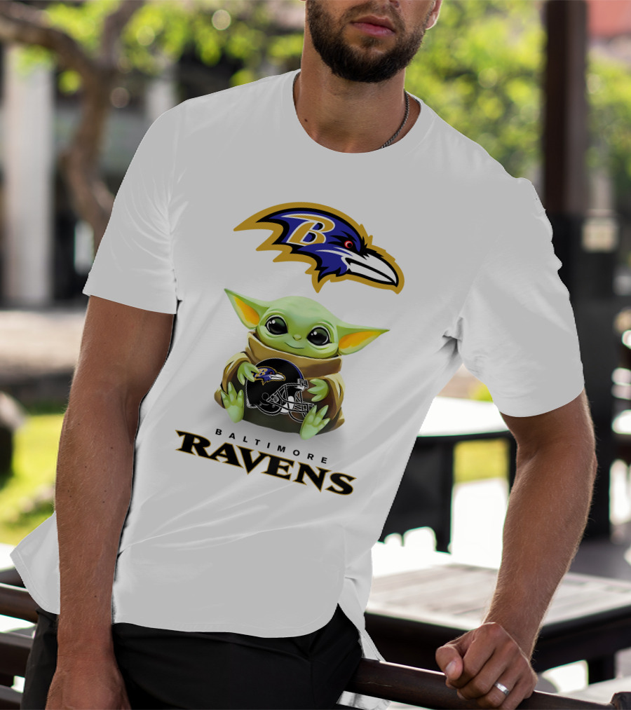 Baby Yoda Holding Baltimore Ravens Helmet With Ravens T-Shirt