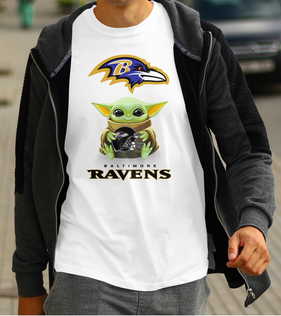 Baby Yoda Holding Baltimore Ravens Helmet With Ravens T-Shirt