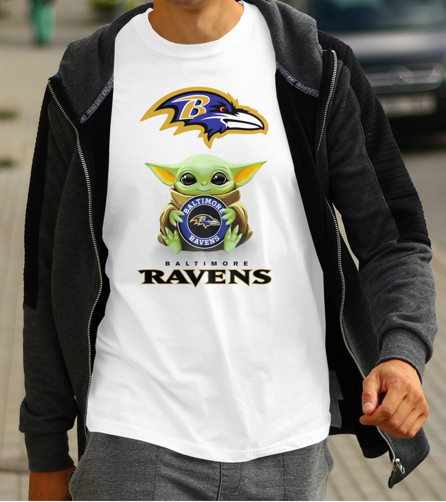 Baby Yoda Holding Baltimore Ravens Logo With Team Emblem And Name T-Shirt