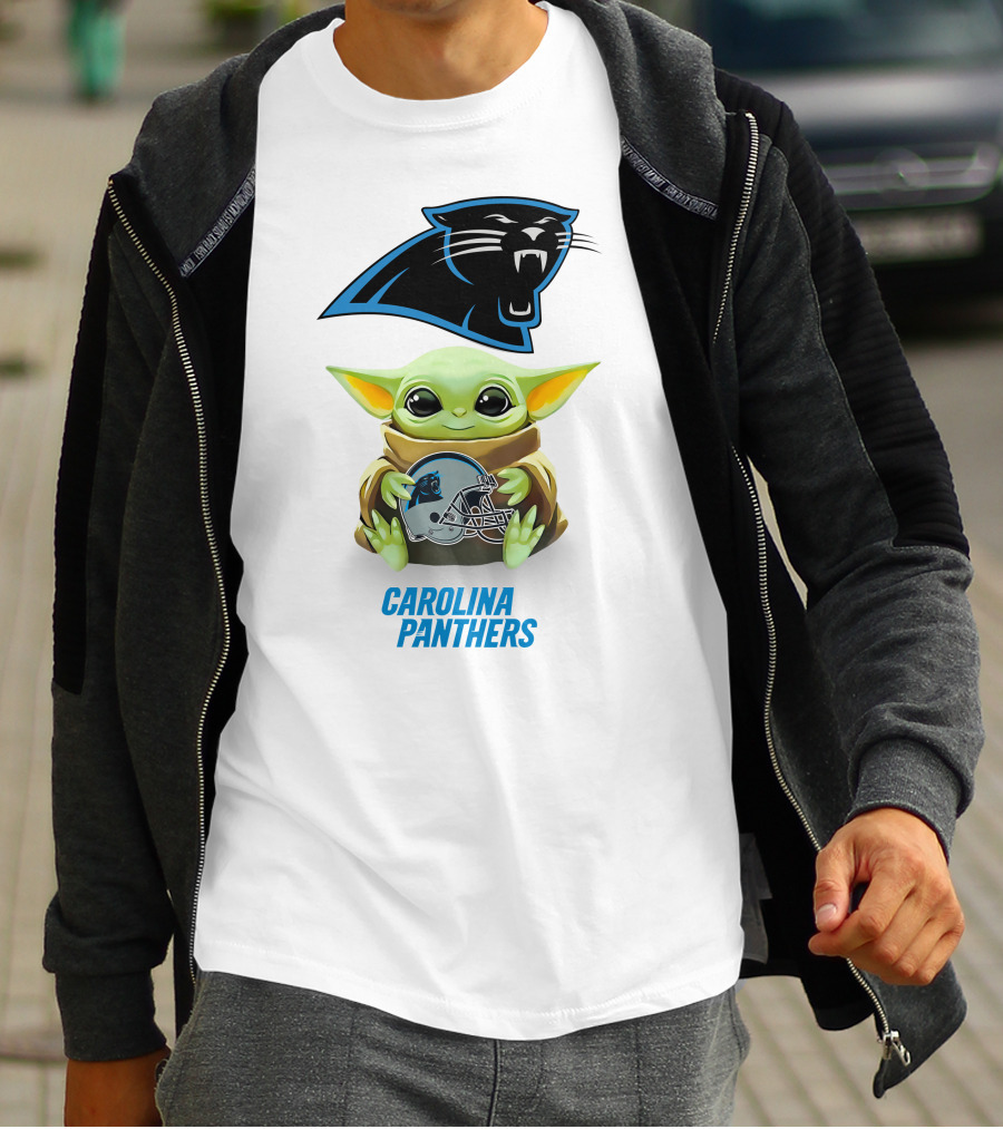 Baby Yoda Holding Carolina Panthers Helmet T-Shirt