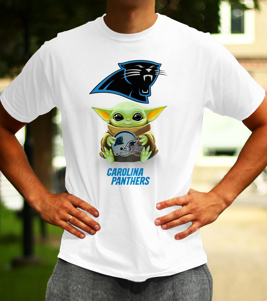 Baby Yoda Holding Carolina Panthers Helmet T-Shirt