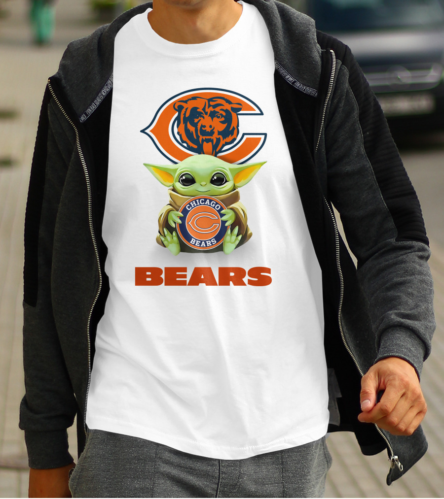 Baby Yoda Holding Chicago Bears Logo With Bears Text T-Shirt
