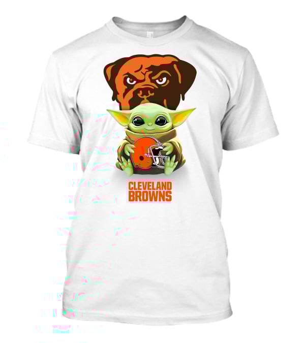 Baby Yoda Holding Cleveland Browns Helmet With Dog T-Shirt