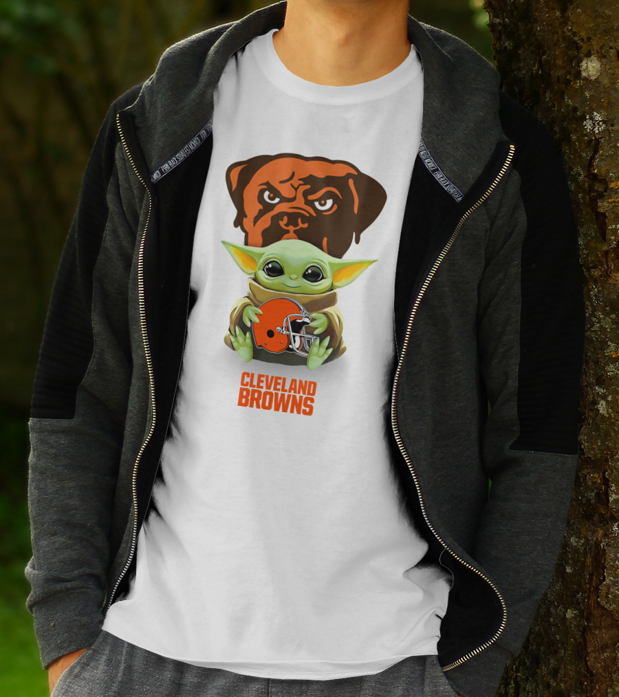 Baby Yoda Holding Cleveland Browns Helmet With Dog T-Shirt