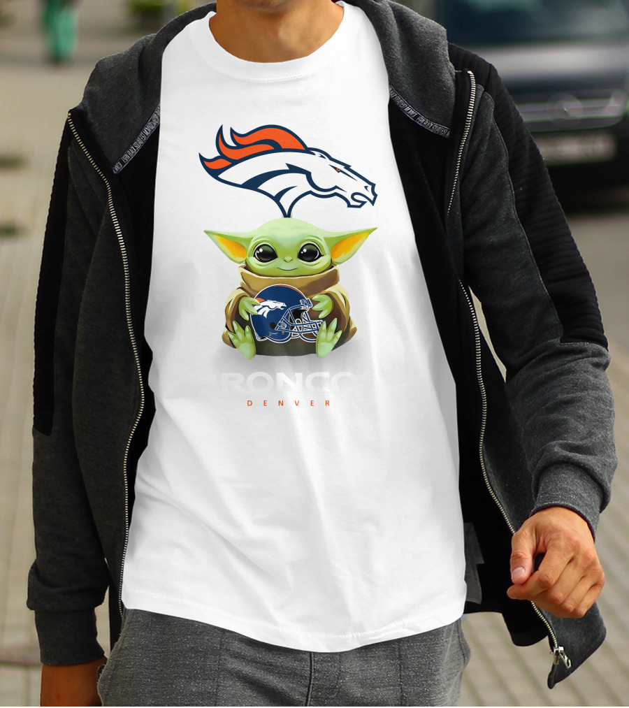 Baby Yoda Holding Denver Broncos Helmet With Broncos T-Shirt