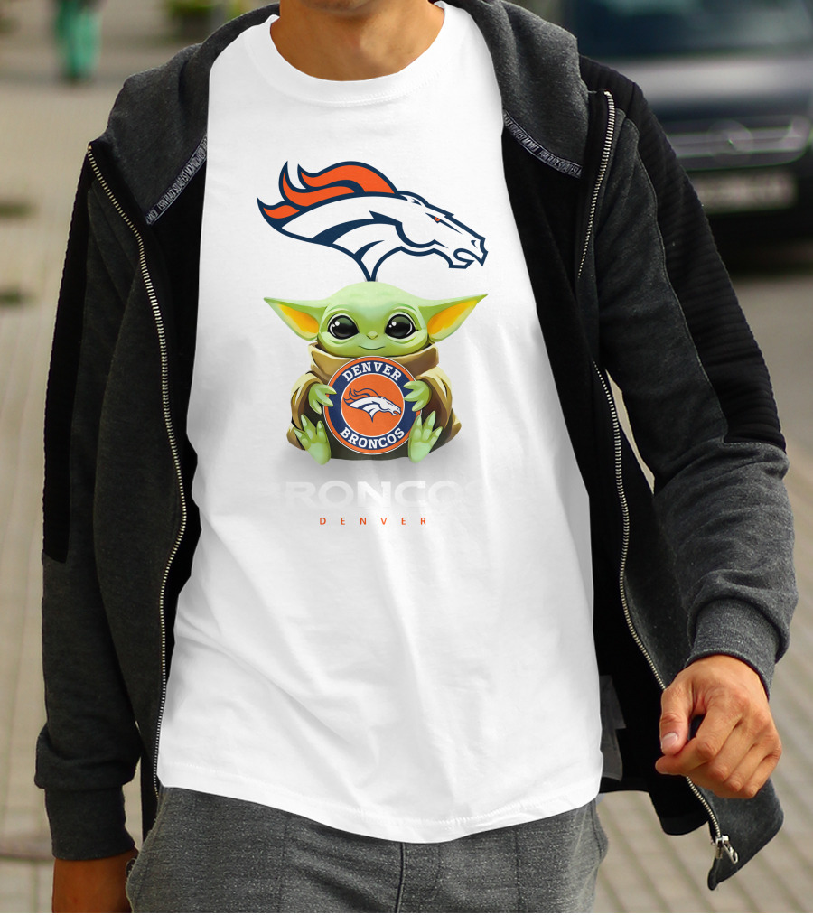 Baby Yoda Hug Denver Broncos Denver Broncos Bronco Denver White T-Shirt