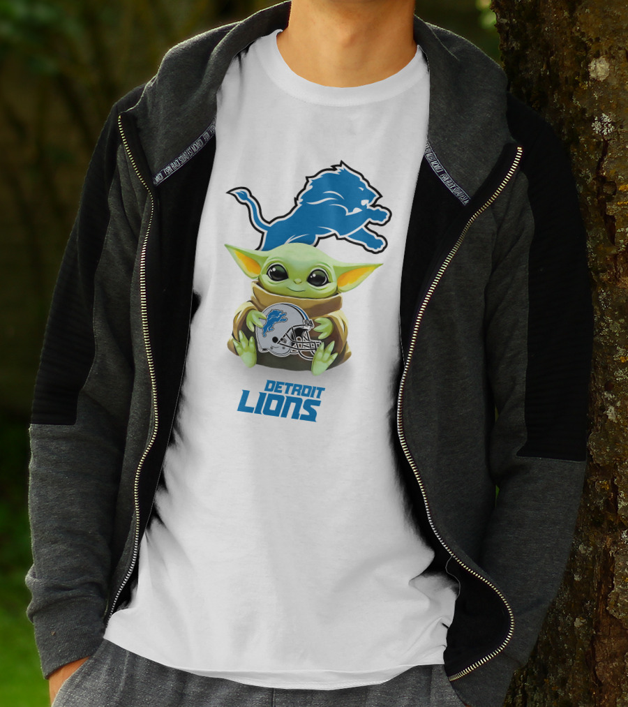 Baby Yoda With Detroit Lions Logo And Helmet Featuring Blue Lion T-Shirt