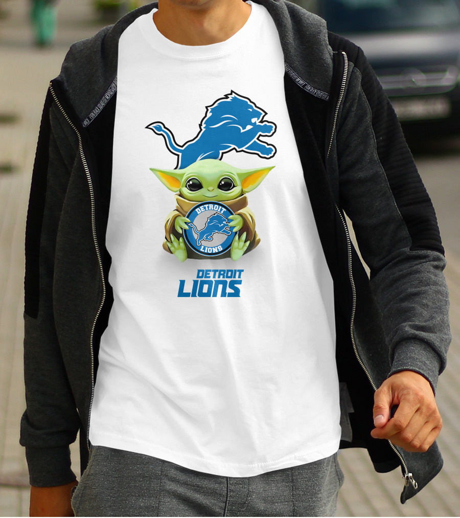 Baby Yoda Detroit Lions Emblem With Blue Logo And Iconic Character T-Shirt