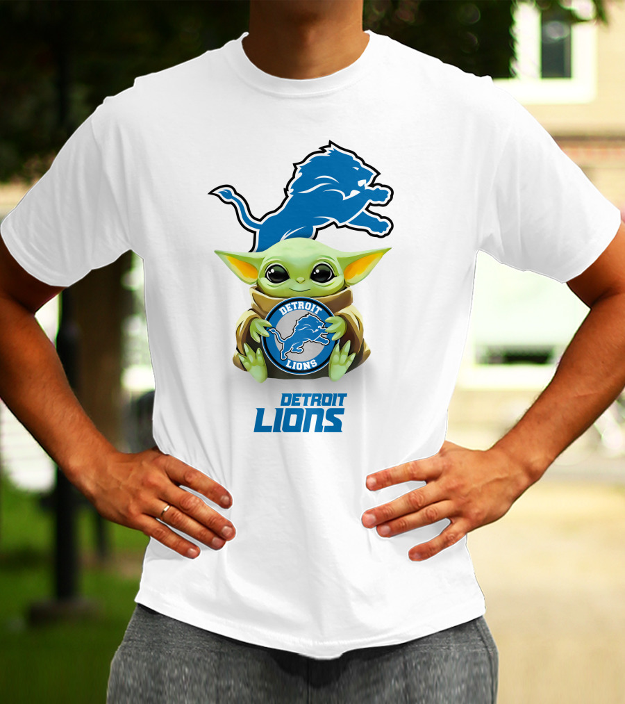 Baby Yoda Detroit Lions Emblem With Blue Logo And Iconic Character T-Shirt