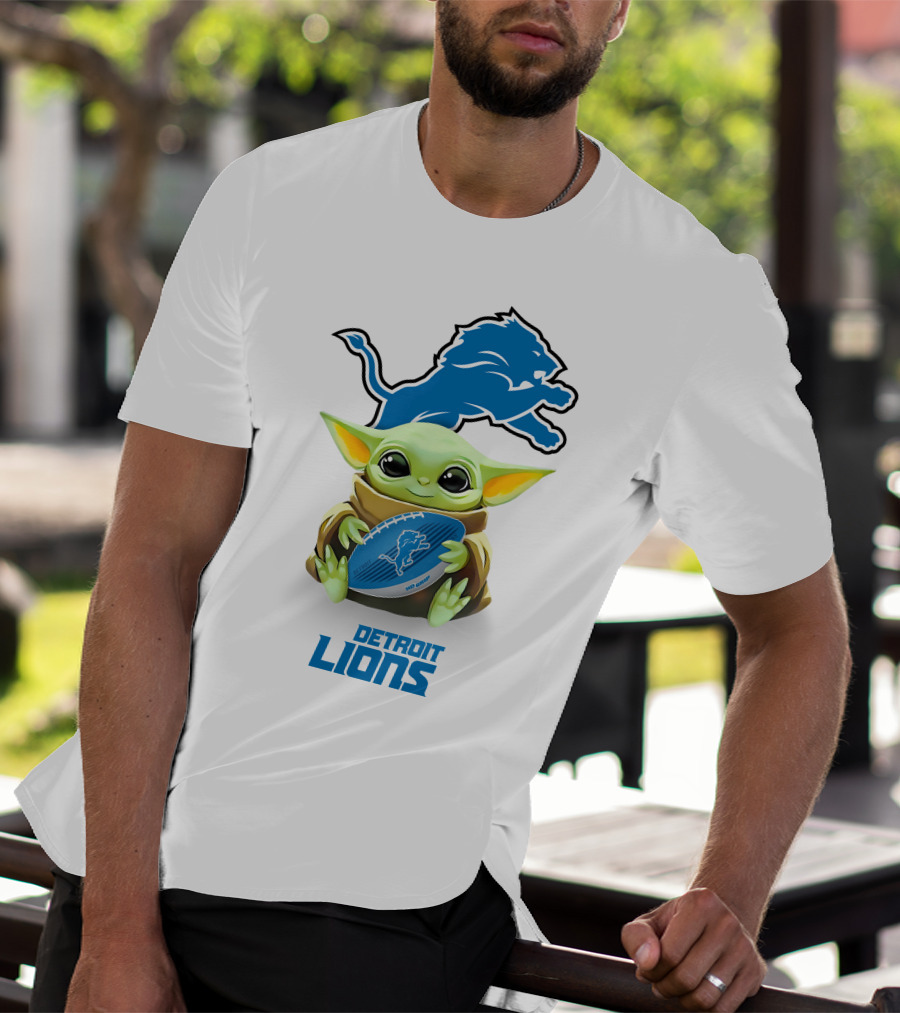 Baby Yoda Hugging Detroit Lions Football T-Shirt