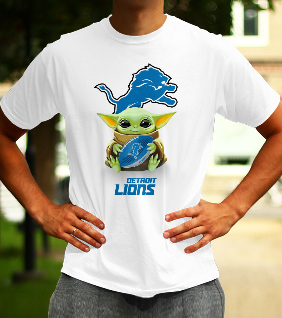 Baby Yoda Hugging Detroit Lions Football T-Shirt