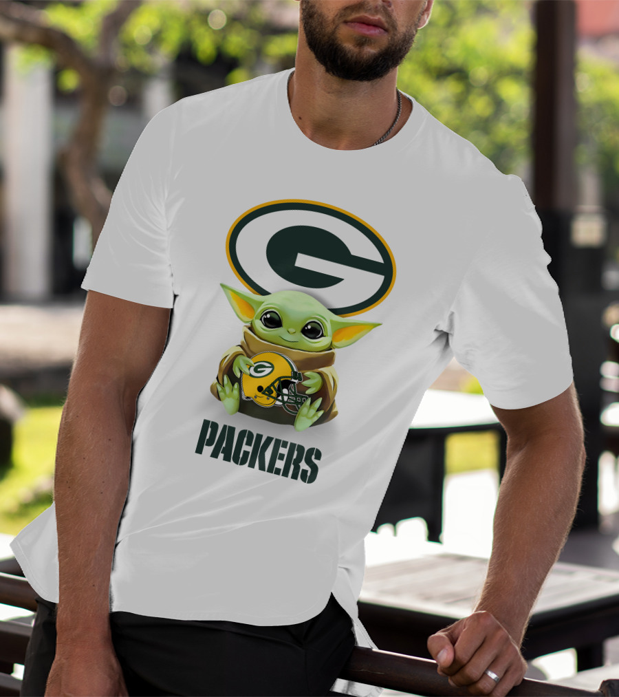Baby Yoda Hugging Green Bay Packers Helmet With Logo And Packers Text T-Shirt