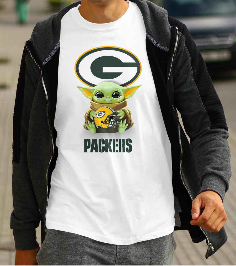 Baby Yoda Hugging Green Bay Packers Helmet With Logo And Packers Text T-Shirt