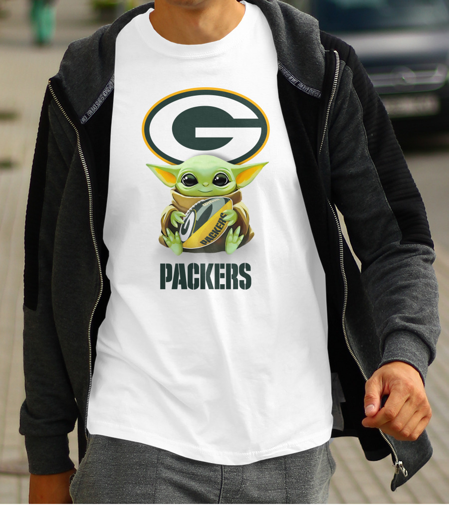 Baby Yoda Packers Football Hug Green Bay Logo White T-Shirt