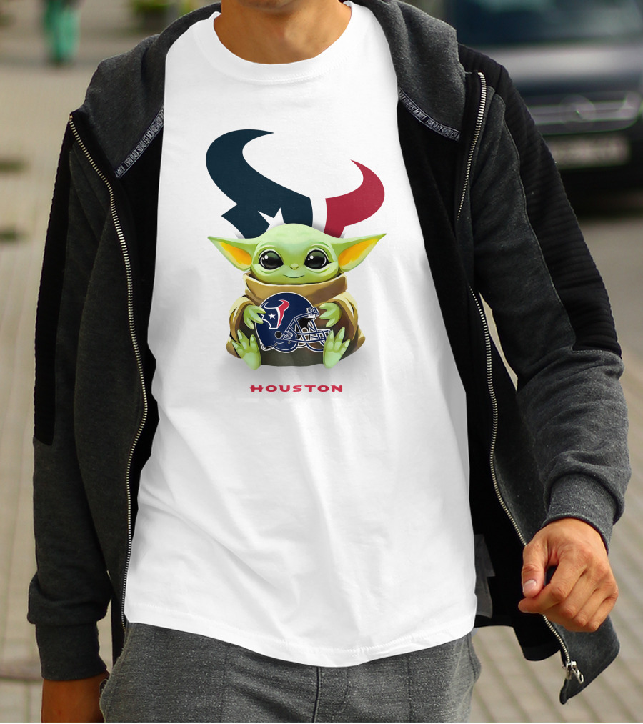 Baby Yoda Houston Texans Logo Helmet Hug T-Shirt