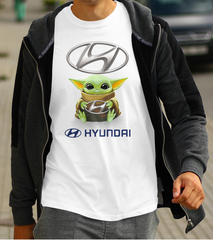 Baby Yoda Holding Hyundai Silver Emblem T-Shirt