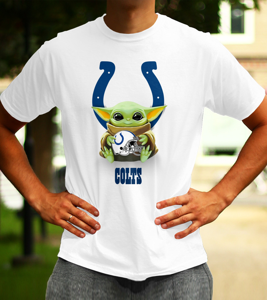 Baby Yoda Holding Indianapolis Colts Helmet On Colts Horseshoe T-Shirt