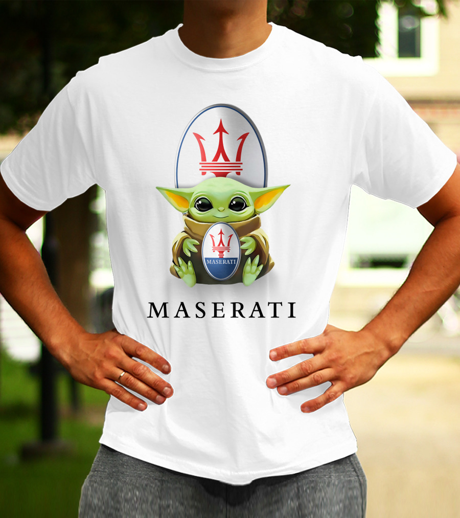 Maserati Emblem With Baby Yoda Hugging Iconic Logo White Background T-Shirt