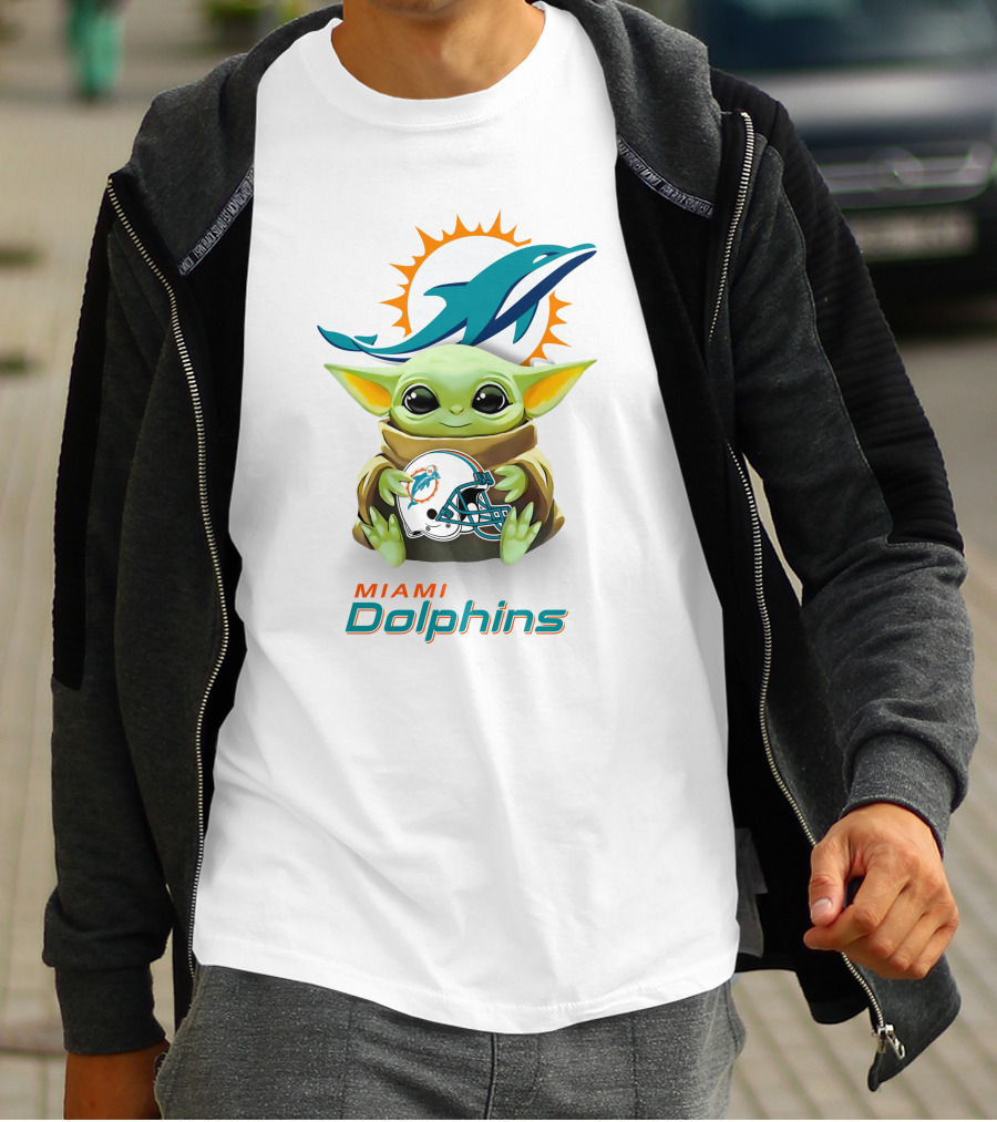 Baby Yoda Holding Miami Dolphins Helmet T-Shirt