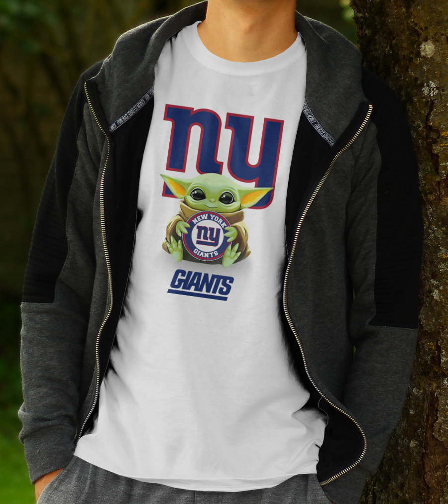 Baby Yoda Hug New York Giants NY Giants Star Wars Collaboration White T-Shirt