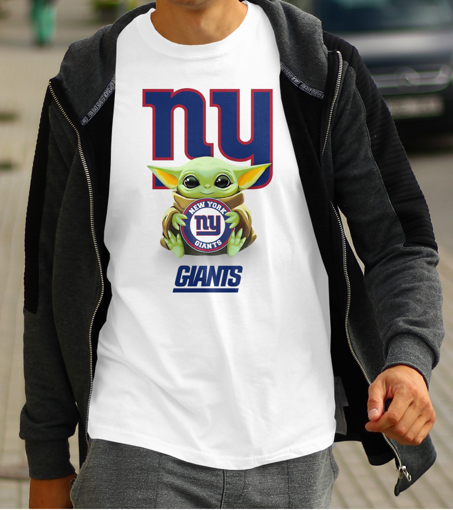 Baby Yoda Hug New York Giants NY Giants Star Wars Collaboration White T-Shirt