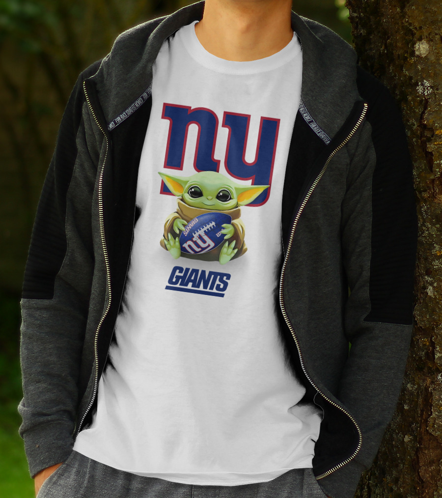 Baby Yoda Hugging Football With New York Giants Logo NY Giants T-Shirt