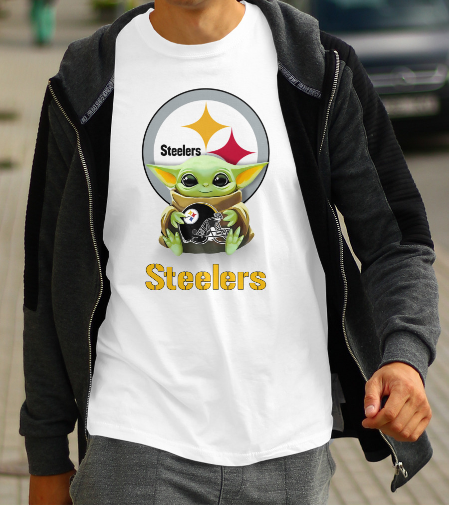 Steelers Baby Yoda Holding Pittsburgh Helmet T-Shirt