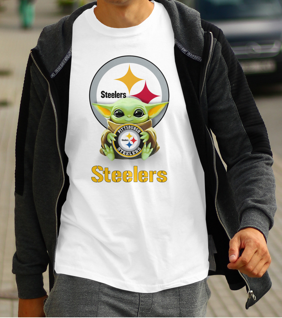 Baby Yoda Hug Pittsburgh Steelers Logo Steelers T-Shirt