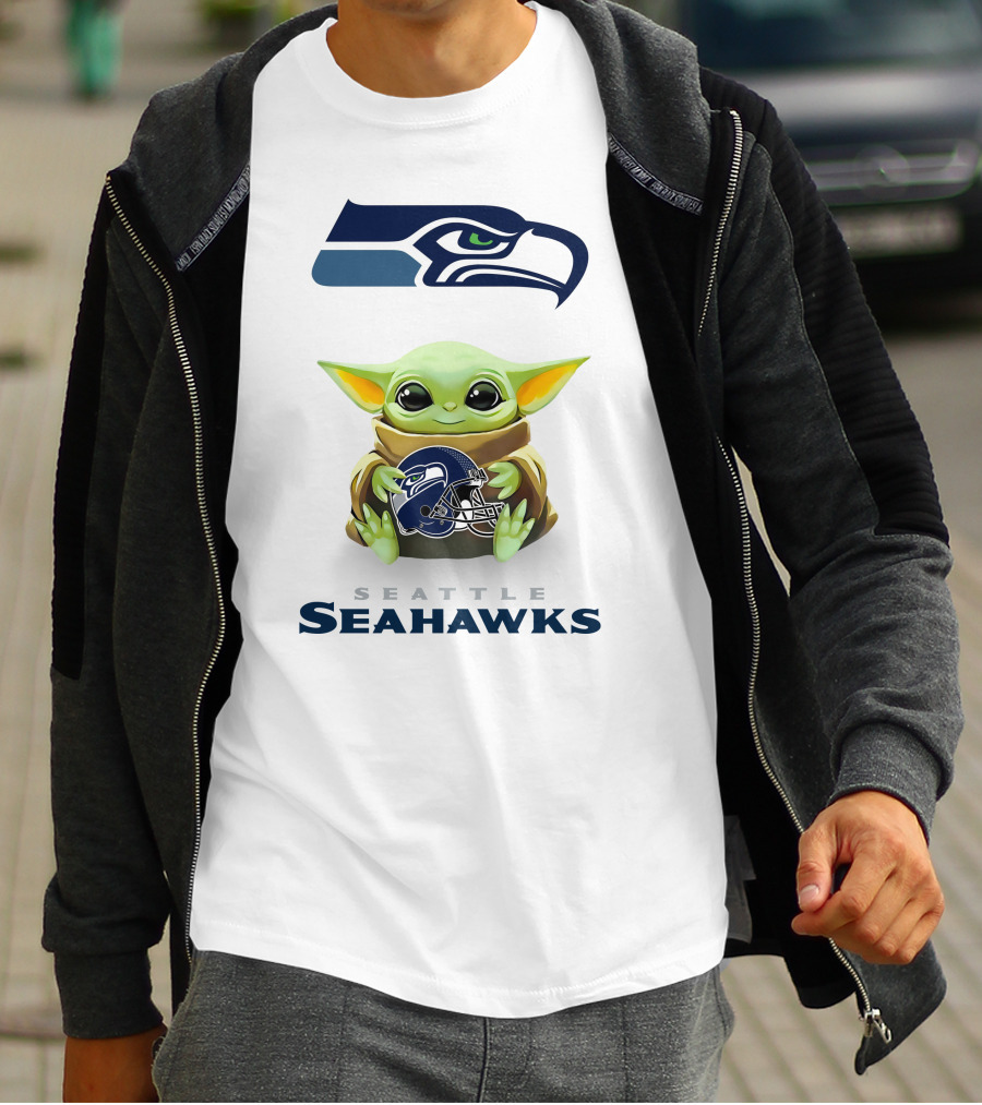 Seattle Seahawks Baby Yoda Hugging Helmet T-Shirt